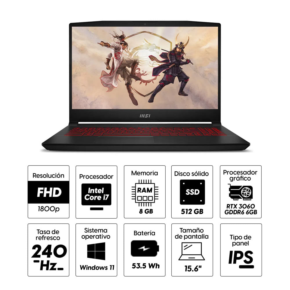 Imagen 2 del producto Laptop gamer Msi GF66 Katana 15.6"" Intel Core i7 12va Gen-12700H, 512GB SSD, 8GB RAM, GeForce RTX 3060 6GB, Win11 Home, negro