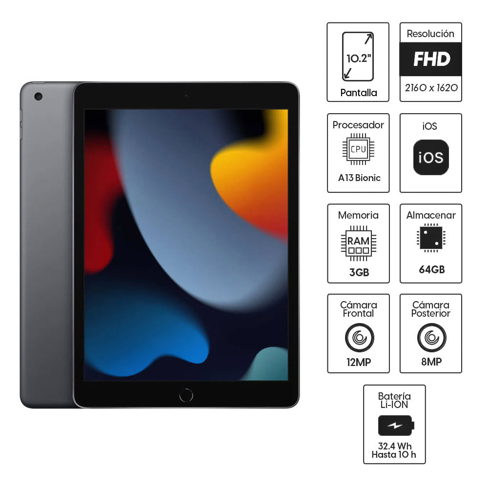 Imagen 2 del producto iPad 10.2"" 9na generación, 64GB, cámara principal 8MP y frontal 12MP, A13 Bionic, iOS, space gray