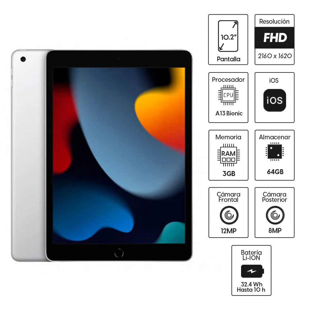 Imagen 2 del producto iPad 10.2"" 9na generación, 64GB, cámara principal 8MP y frontal 12MP, A13 Bionic, iOS, silver