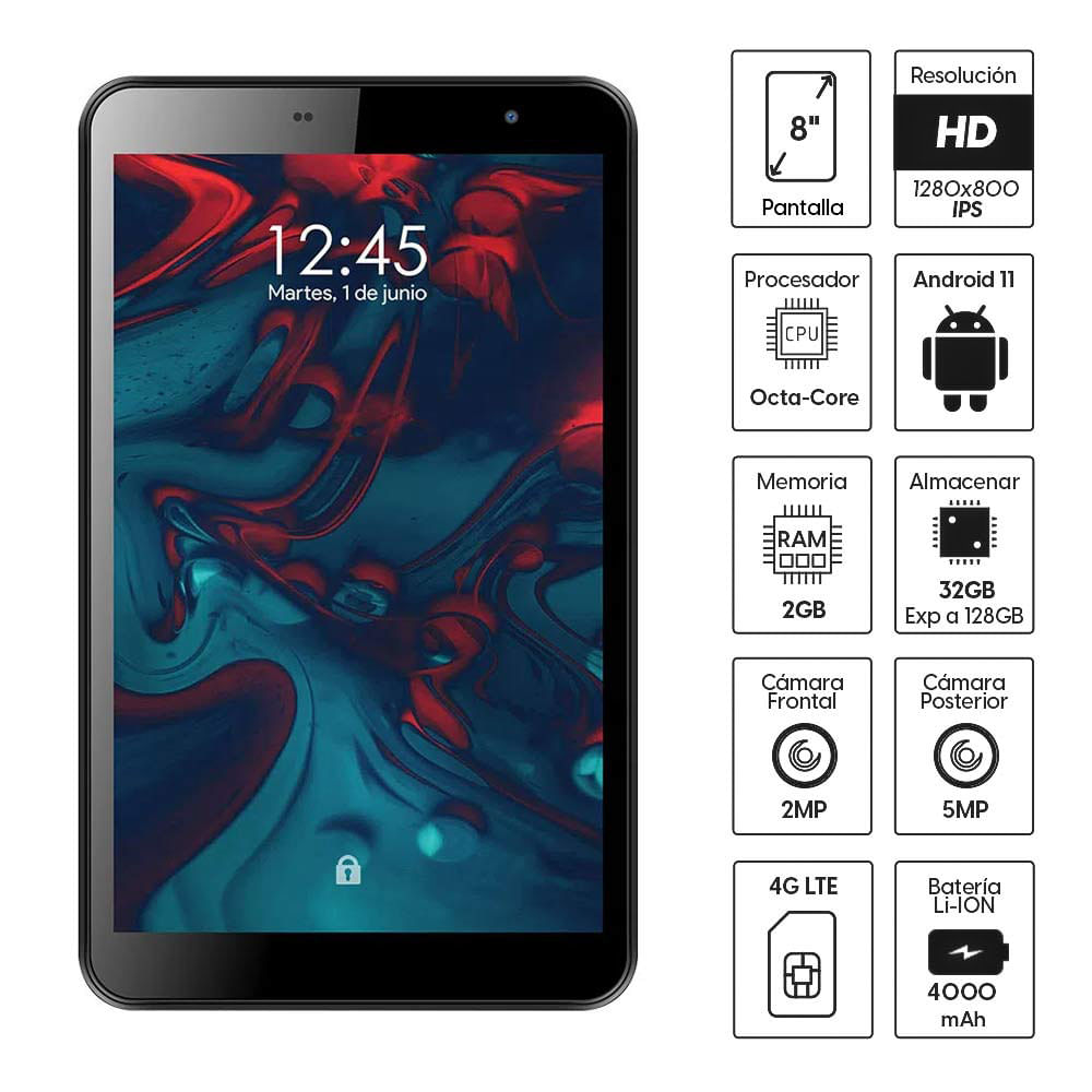 Imagen 2 del producto Tablet MLogix 8"" IPS, ranura para Sim, 32GB, 2GB RAM, cámara principal 5MP y frontal 2MP, Octa-Core, 4000mAh, negro