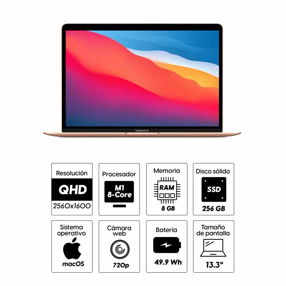 Imagen 2 del producto Laptop Apple MacBook Air 13.3"" Chip M1 8-core, 256GB SSD, 8GB RAM, macOS, gold (reempacado)