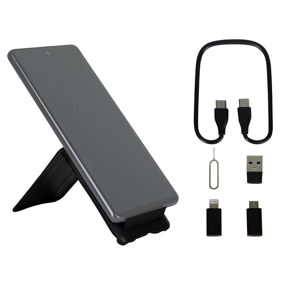 Imagen 1 del producto Adaptador de cables 6 en 1 Radioshack tarjetero, cargador inalámbrico, usb, tipo C, lightning, soporte para celular, negro