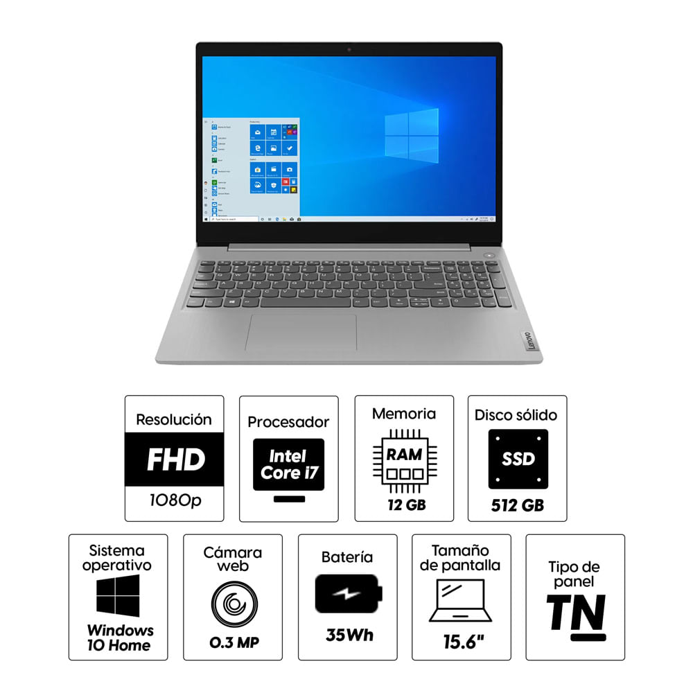 Imagen 2 del producto Laptop Lenovo IdeaPad 3i 15.6"" Intel Core I7 10ma Gen 1065G7, 512GB SSD, 12GB RAM, Iris Plus, Win10, gris