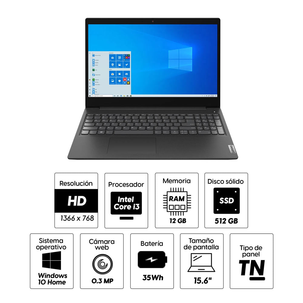 Imagen 2 del producto Laptop Lenovo IdeaPad 3i 15.6"" Intel Core I3 10ma Gen-10110U, 512GB SSD, 12GB RAM, UHD Graphics, Win10 Home, negro
