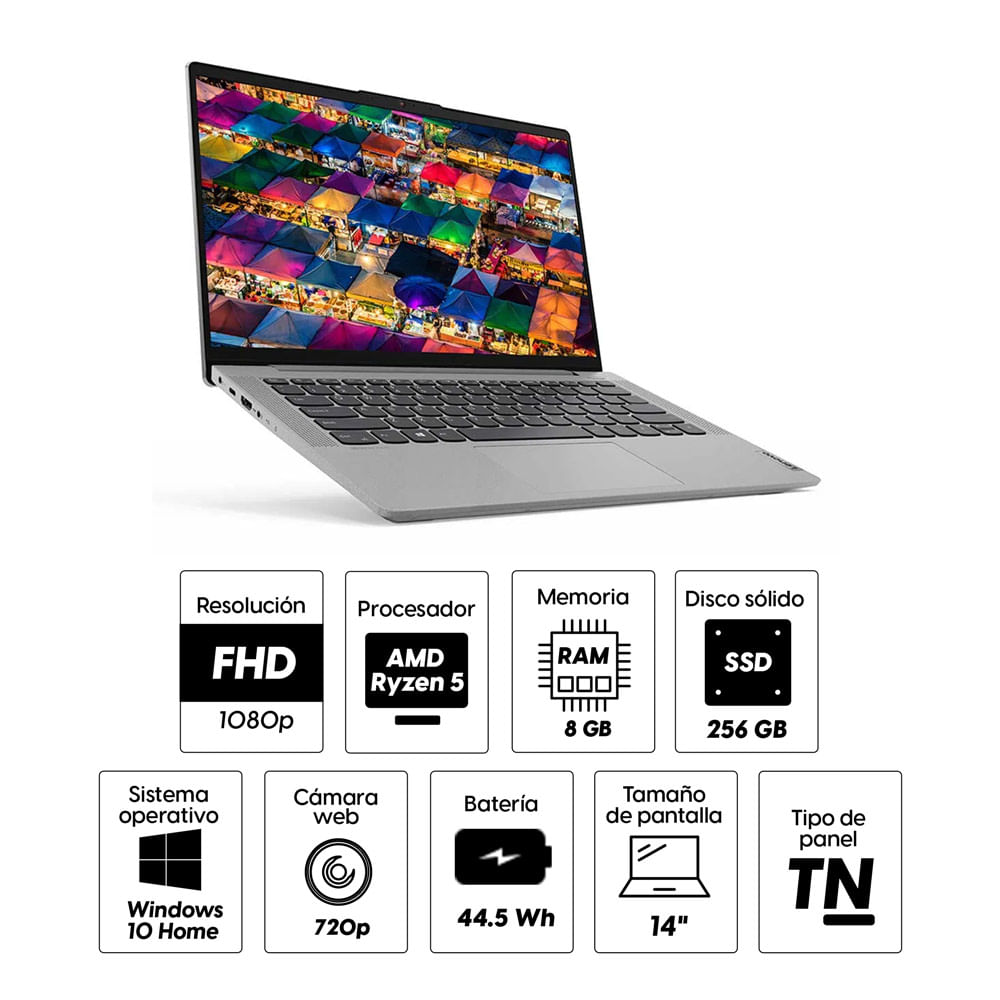 Imagen 2 del producto Laptop Lenovo 82LM00BSLM 14"" AMD Ryzen 5-5500U, 256GB SSD, 8GB RAM, Radeon, Win10, gris