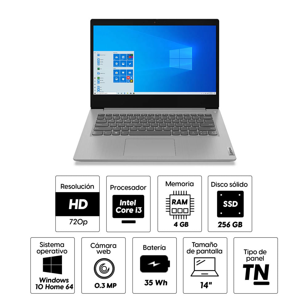 Imagen 2 del producto Laptop Lenovo IdeaPad 3 14IML05 14"" Intel Core i3-10110U, 256GB SSD, 4GB RAM, UHD Graphics, Win10 Home, gris