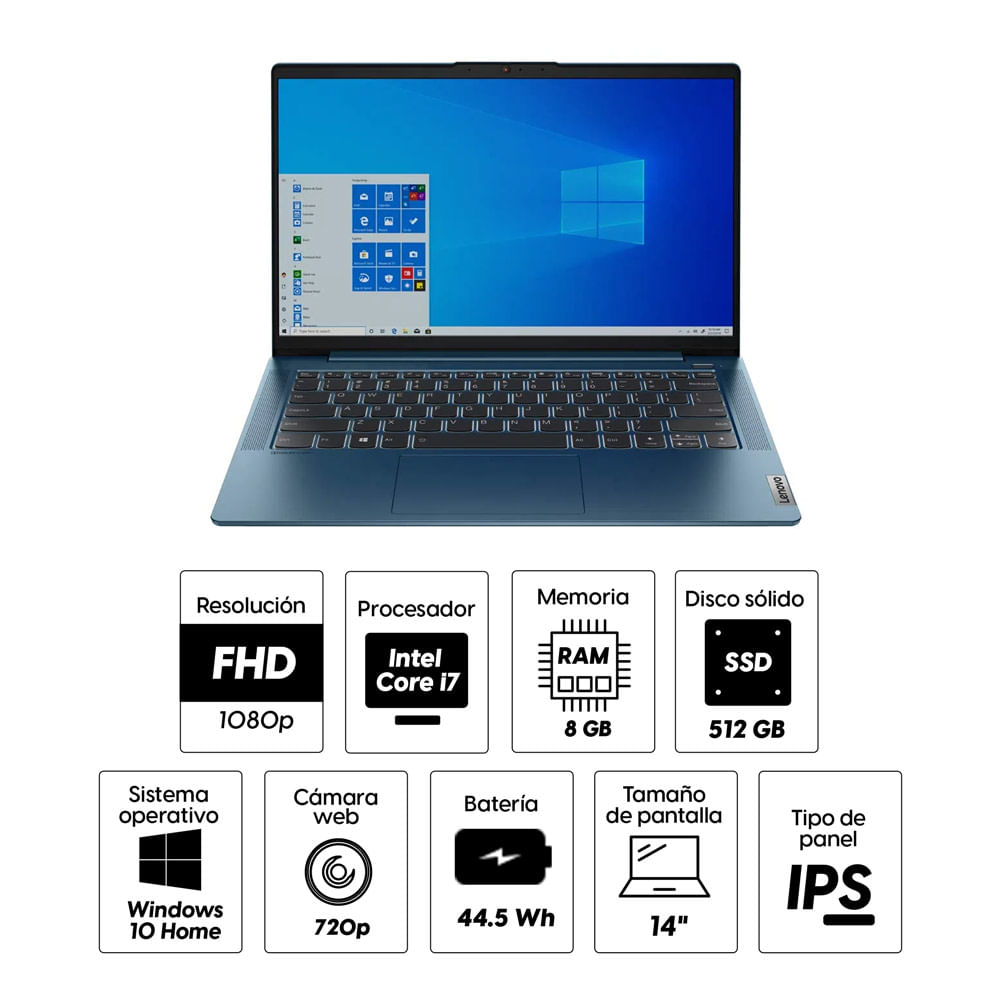 Imagen 2 del producto Laptop Lenovo IdeaPad 5i 14"" Intel Core i7 11va Gen-1165G7, 512GB SSD, 8GB RAM, Iris Xe, Win10 Home, azul