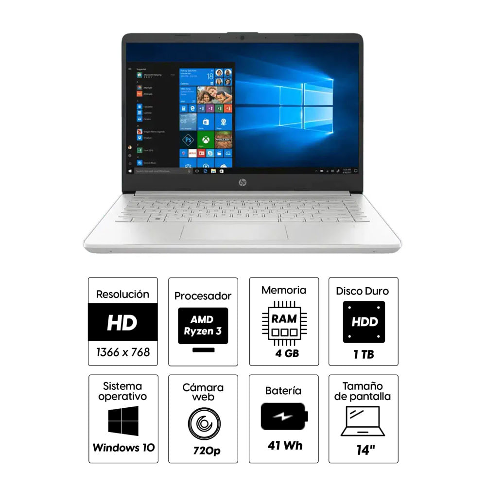 Imagen 2 del producto Laptop HP 14-DK1025WM 14"" AMD Ryzen 3, 1TB HDD, 4GB RAM, Radion Vega 3, Win10 (reempacado)