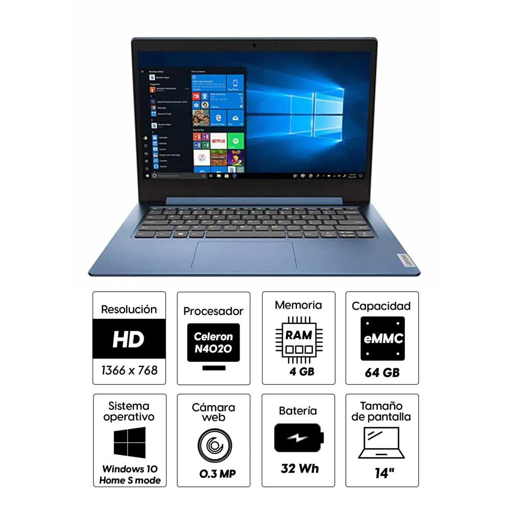 Imagen 2 del producto Laptop Lenovo 81VU0079US 14"" Intel Celeron N4020, 64GB eMMC, 4GB RAM, UHD Graphics 600, Win10 modo S, azul (reempacado)