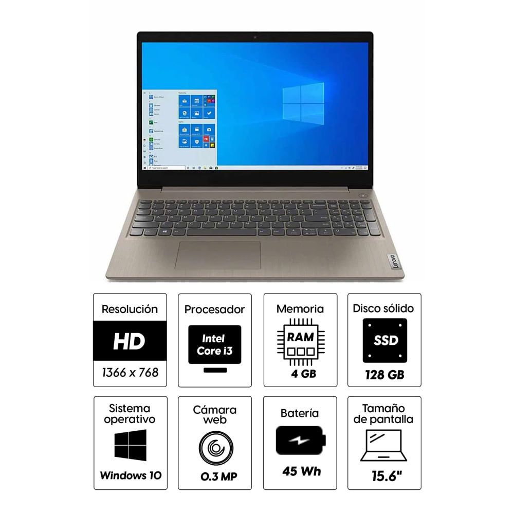 Imagen 2 del producto Laptop Lenovo 81WE0016US 15.6"" Intel Core i3, 128GB SSD, 4GB RAM, UHD Graphics, Win10, almendra (reempacado)