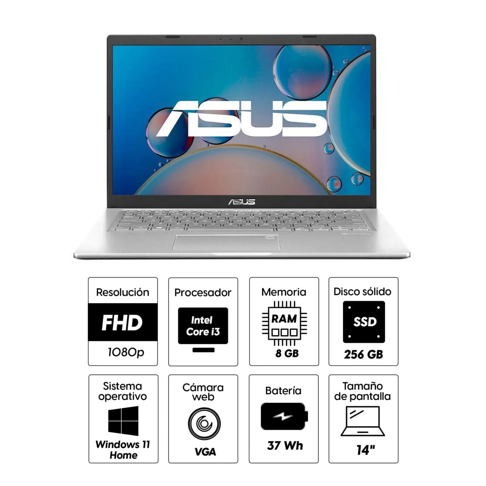Imagen 2 del producto Laptop Asus X415JA-EB1707W 14"" Intel Core i3-1005G1 (10ma Gen) 256GB SSD, 8GB RAM, UHD Graphics, Win11, gris