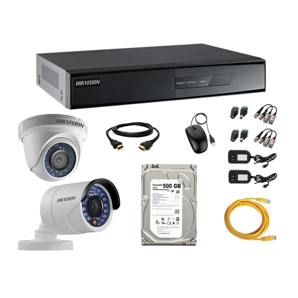 Kit de cámaras de seguridad Hikvision 2 cámaras, 1080P, visión nocturna + DVR + disco duro de 500GB