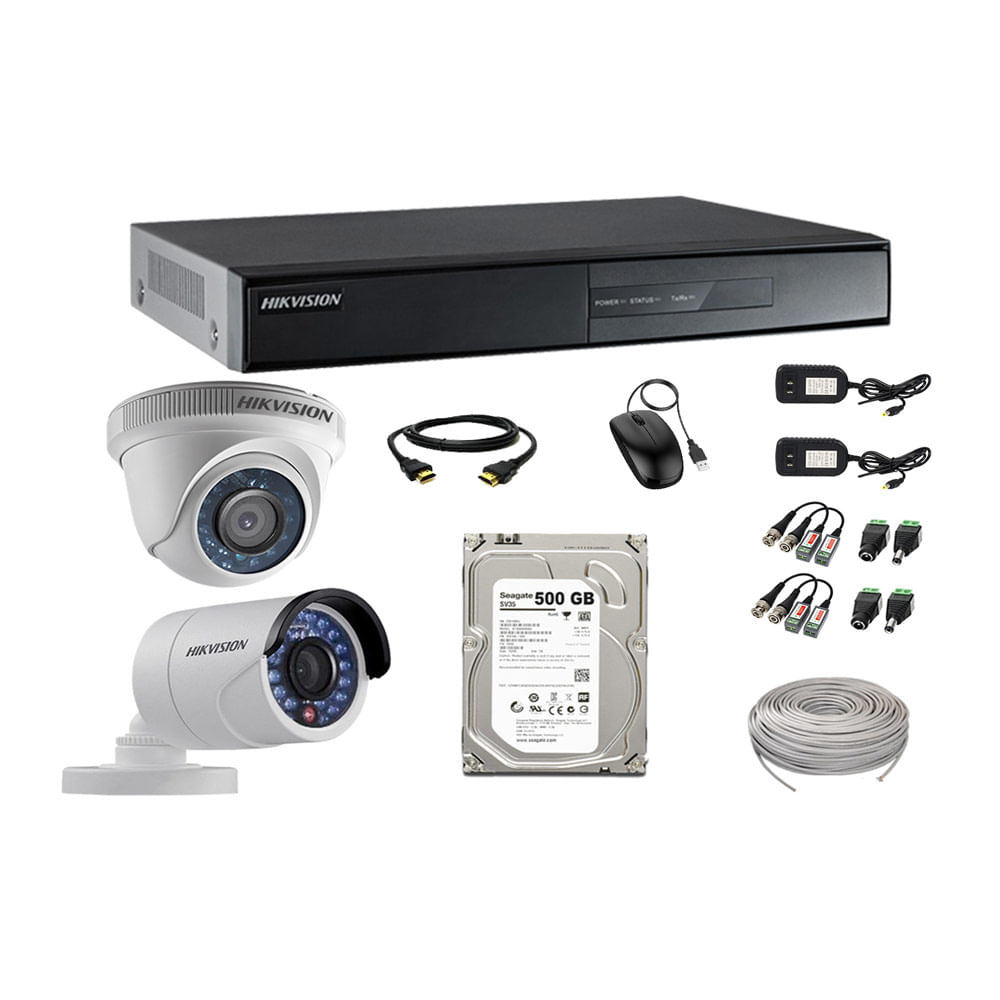 Imagen 1 del producto Kit de cámaras de seguridad Hikvision 2 cámaras, 720P + DVR + disco duro de 500GB + 40 m de cable Cat 5E