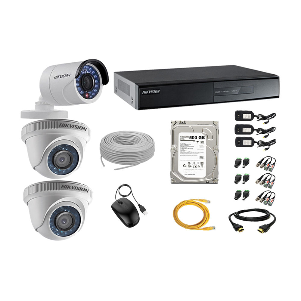 Kit de cámaras de seguridad Hikvision 3 cámaras, 1080P + DVR + disco duro de 500GB + 60 m de cable Cat 5E