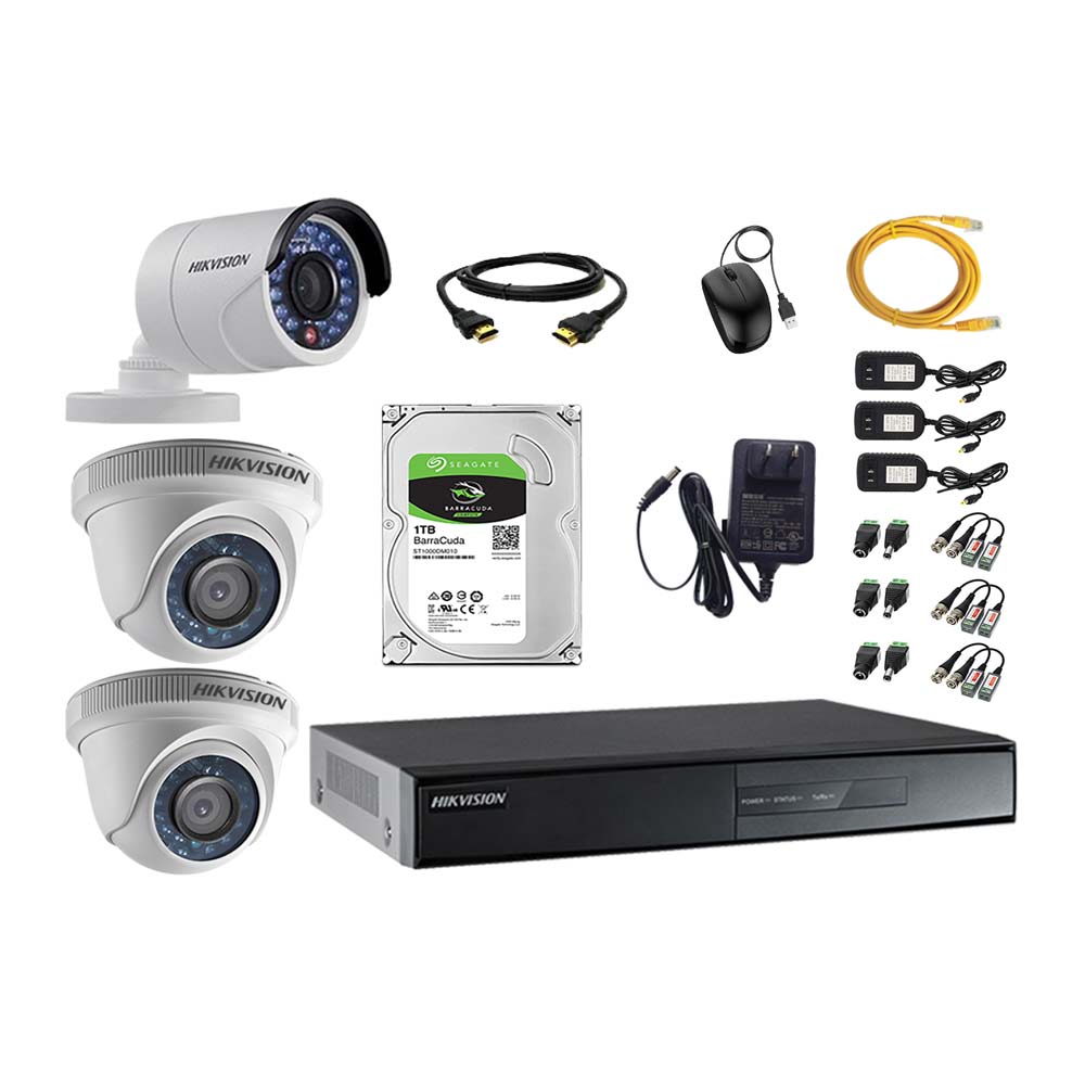 Imagen 1 del producto Kit de cámaras de seguridad Hikvision 3 cámaras, 720P + disco duro de 1TB + cable HDMI