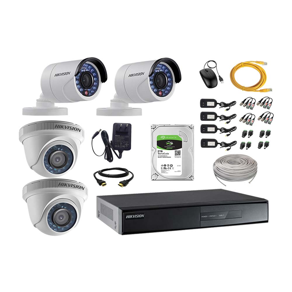 Imagen 1 del producto Kit de cámaras de seguridad Hikvision 4 cámaras, 1080P + DVR + disco duro de 2TB + 80 m de cable Cat 5E