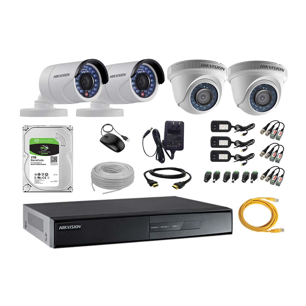 Imagen 1 del producto Kit de cámaras de seguridad Hikvision 4 cámaras, 720P + DVR + disco duro de 1TB + 80 m de cable Cat 5E