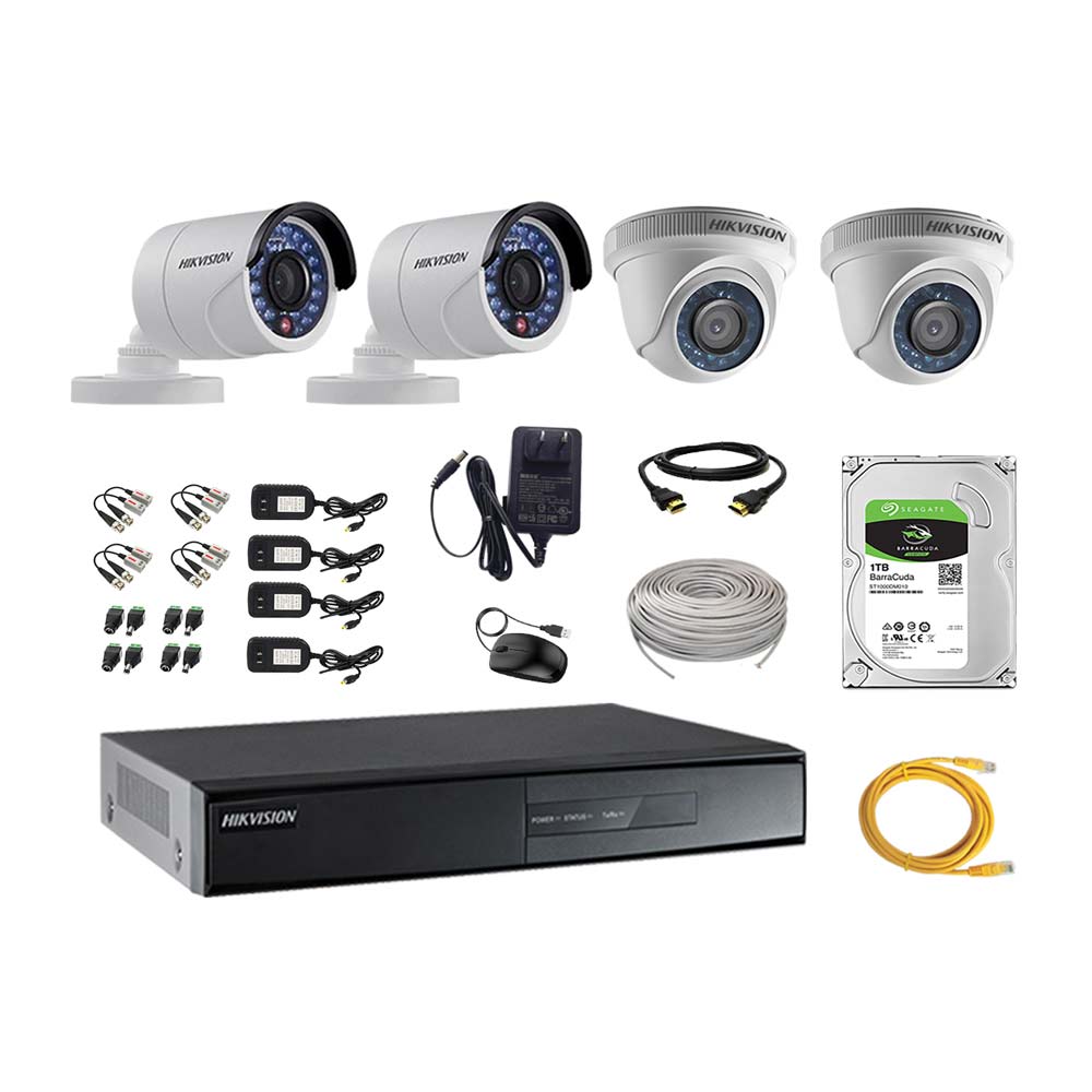 Imagen 1 del producto Kit de cámaras de seguridad Hikvision 4 cámaras, 720P + DVR + disco duro de 1TB + 80 m de cable Cat 5E