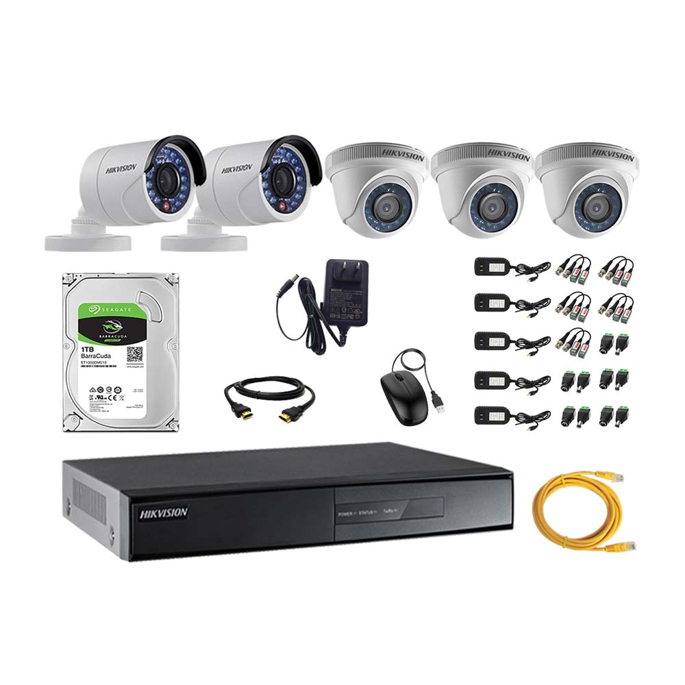 Imagen 1 del producto Kit de cámaras de seguridad Hikvision 5 cámaras, 720P + DVR + disco duro de 1TB + cable HDMI