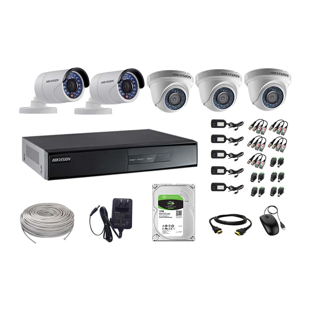 Imagen 1 del producto Kit de cámaras de seguridad Hikvision 5 cámaras, 720P + DVR + disco duro de 1TB + 100 m de cable Cat 5E