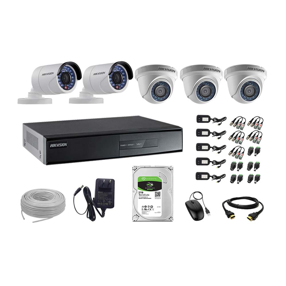 Imagen 1 del producto Kit de cámaras de seguridad Hikvision 5 cámaras, 720P + DVR + disco duro de 2TB + 100 m de cable Cat 5E