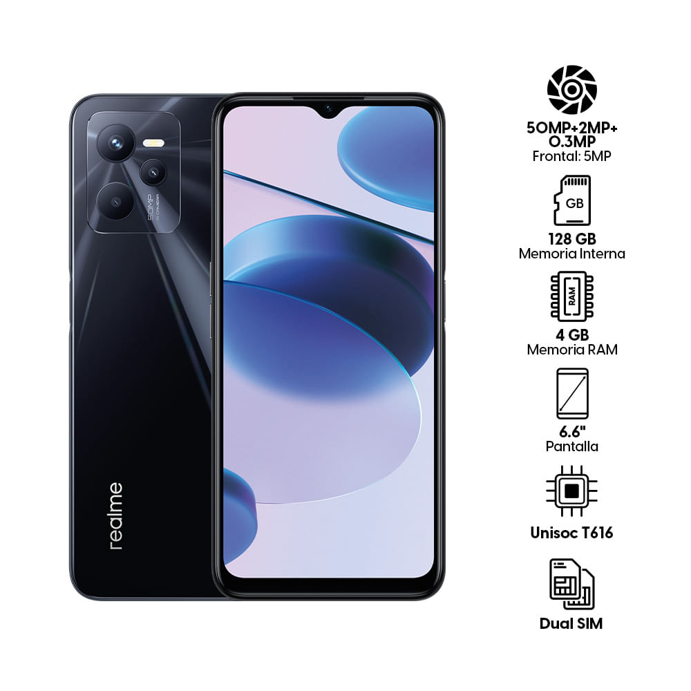Imagen 2 del producto Celular Realme C35, 128GB, 4GB ram, cámara principal 50MP + 2MP + 0.3MP, frontal 8MP, 6.6"", Unisoc, negro