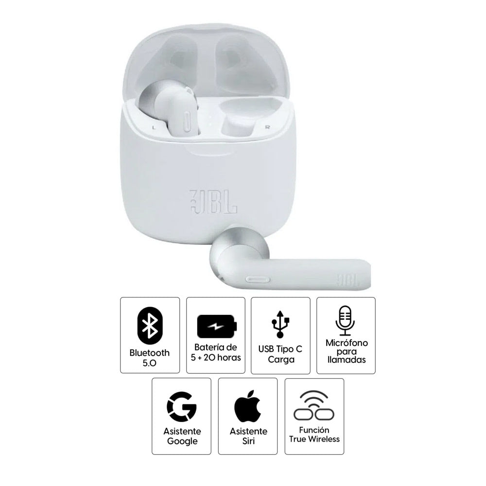 Imagen 2 del producto Audífonos bluetooth True Wireless JBL Tune T225 micrófono incorporado, duración máx. 5 horas, blanco