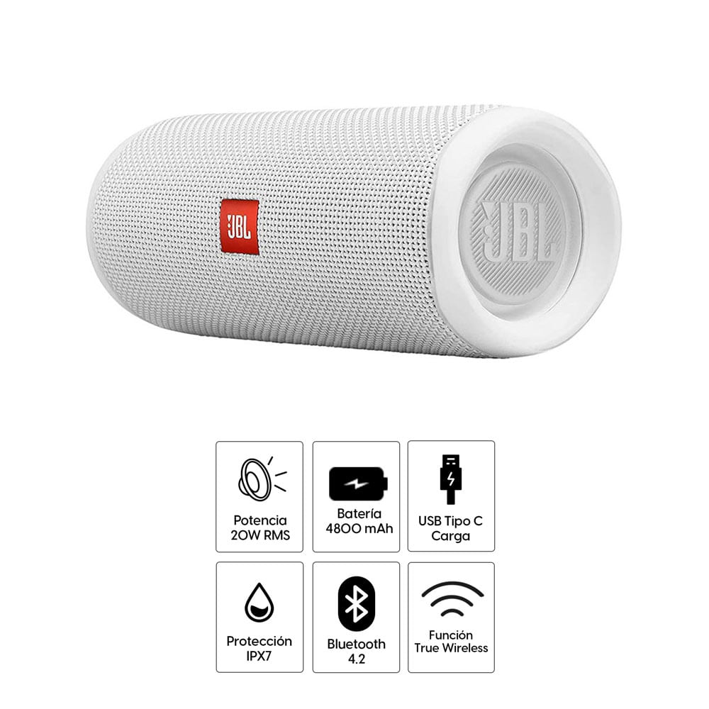 Imagen 2 del producto Parlante bluetooth JBL Flip 5 potencia 20W, resistente al agua IPX7, hasta 12 horas de reproducción, blanco