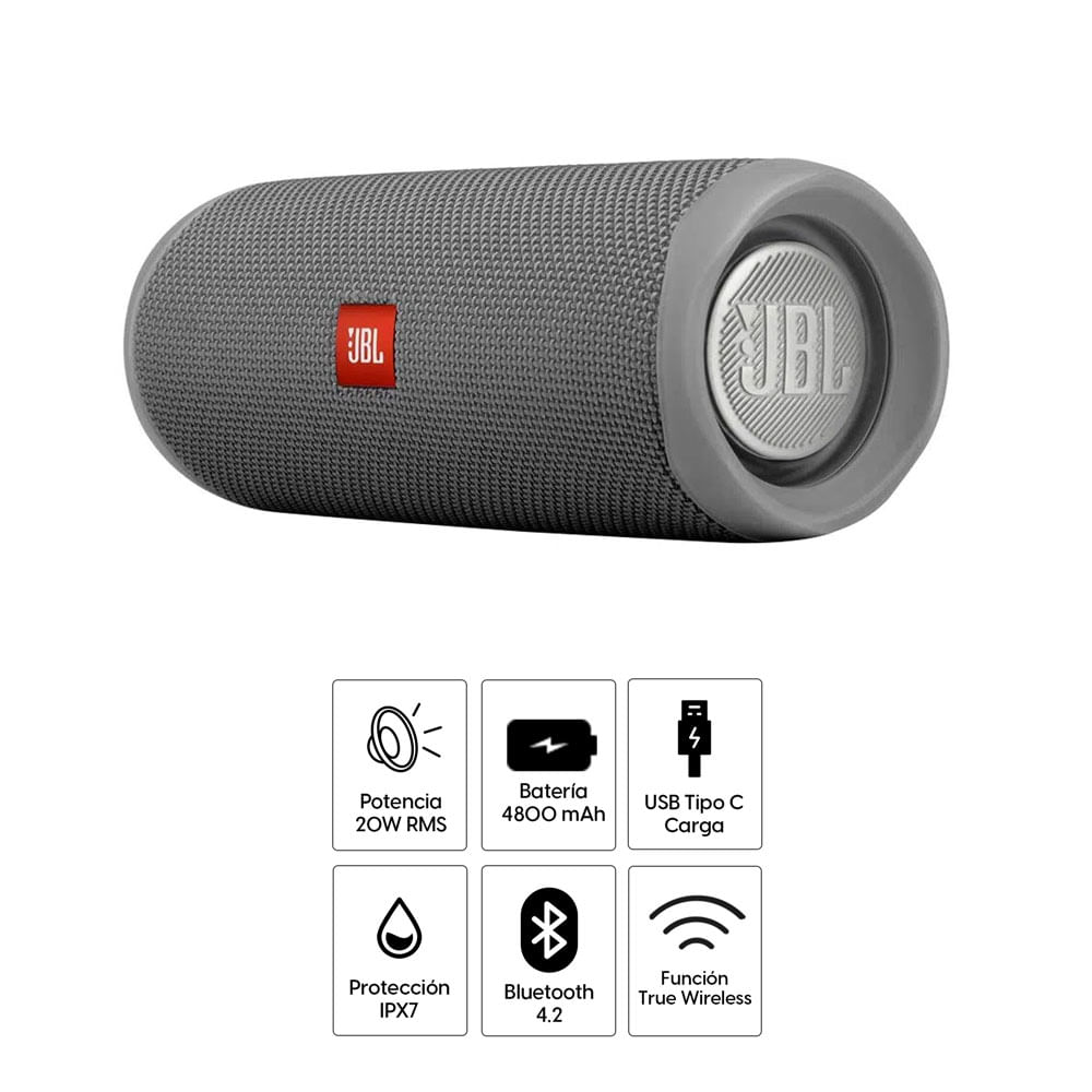 Imagen 2 del producto Parlante bluetooth JBL Flip 5 potencia 20W, resistente al agua IPX7, hasta 12 horas de reproducción, gris