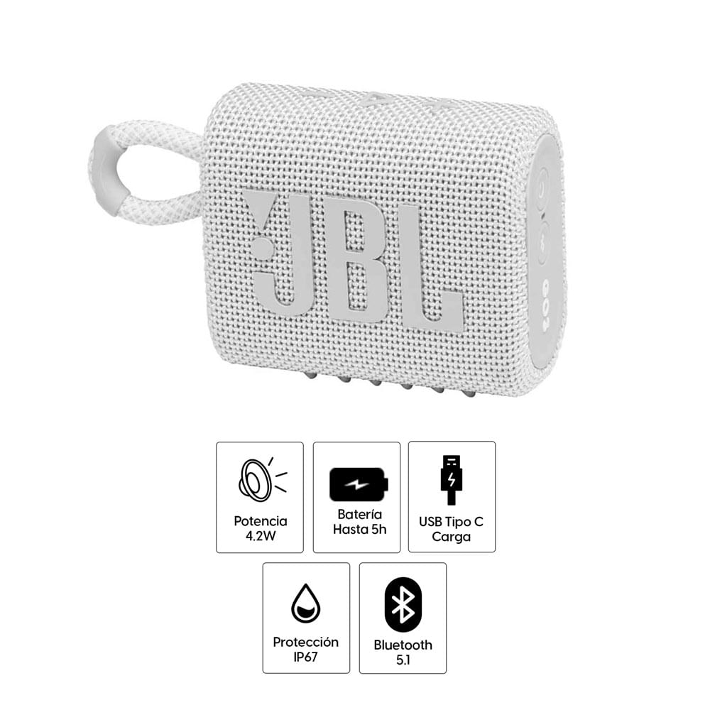 Imagen 2 del producto Parlante bluetooth JBL Go 3 potencia 4.2W, resistente al agua IP67, hasta 5 horas de reproducción, puerto de carga USB Tipo-C, blanco