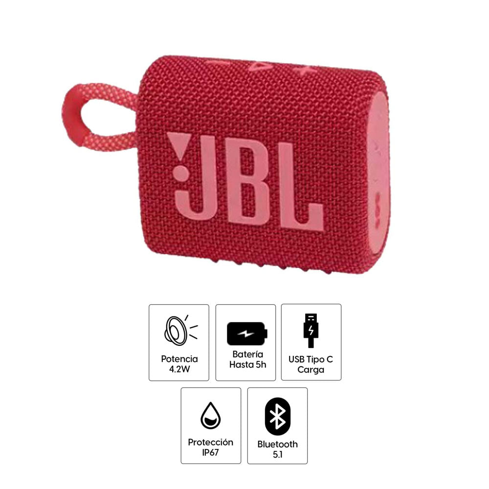 Imagen 2 del producto Parlante bluetooth JBL Go 3 potencia 4.2W, resistente al agua IP67, hasta 5 horas de reproducción, puerto de carga USB Tipo-C, rojo