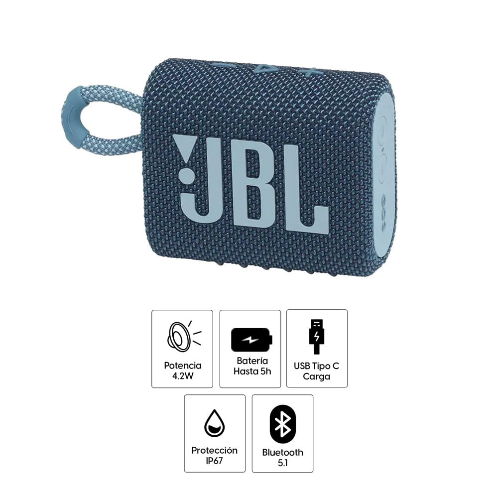 Imagen 2 del producto Parlante bluetooth JBL Go 3 potencia 4.2W, resistente al agua IP67, hasta 5 horas de reproducción, puerto de carga USB Tipo-C, azul