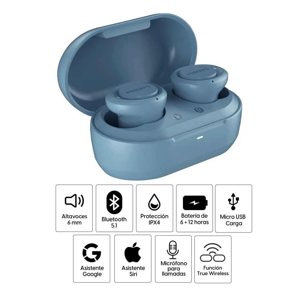 Imagen 2 del producto Audífonos bluetooth True Wireless Philips TAT1215BL resistente al agua IPX4, duración máx. 6 horas, asistentes de voz, azul