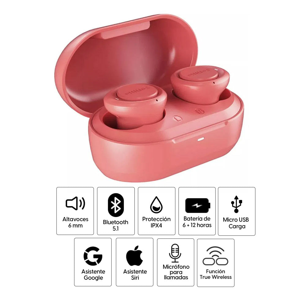 Imagen 2 del producto Audífonos bluetooth True Wireless Philips TAT1215RD resistente al agua IPX4, duración máx. 6 horas, asistentes de voz, rojo
