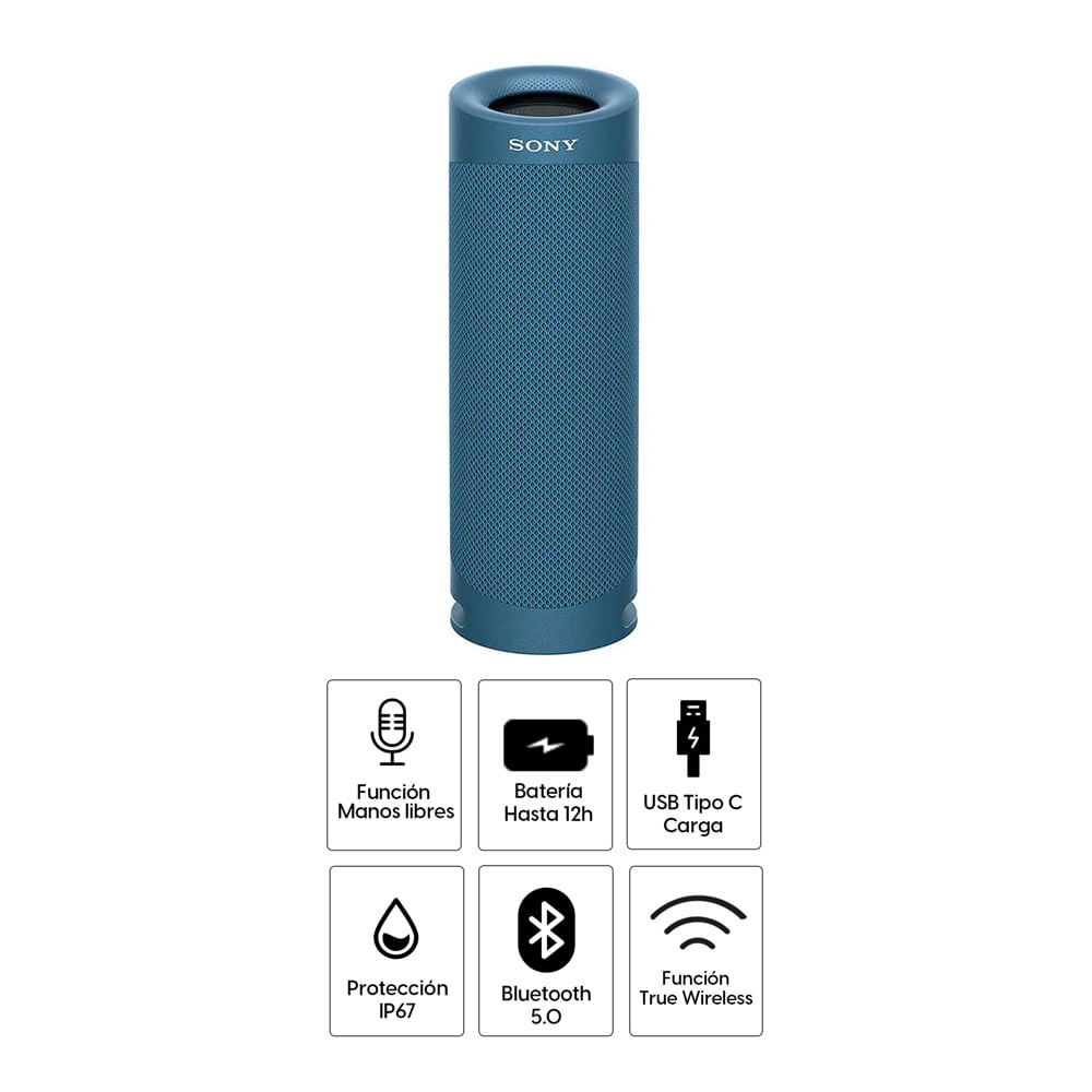 Imagen 2 del producto Parlante Bluetooth Portátil Extra Bass XB23 Resistente al agua, al polvo, lavable, diseño compacto y ligero, modo manos libres, color Azul