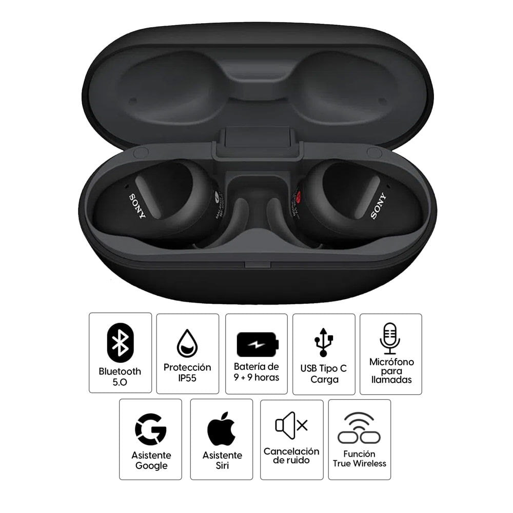 Imagen 2 del producto Audífonos bluetooth True Wireless Sony WF-SP800N resistente al agua IP55, duración máx. 9 horas, cancelación de ruido, negro
