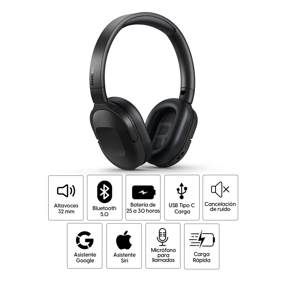 Imagen 2 del producto Audífonos con cancelación de ruido Philips TAH6506 micrófono incorporado, máx. 30 horas, control de música y llamadas, negro