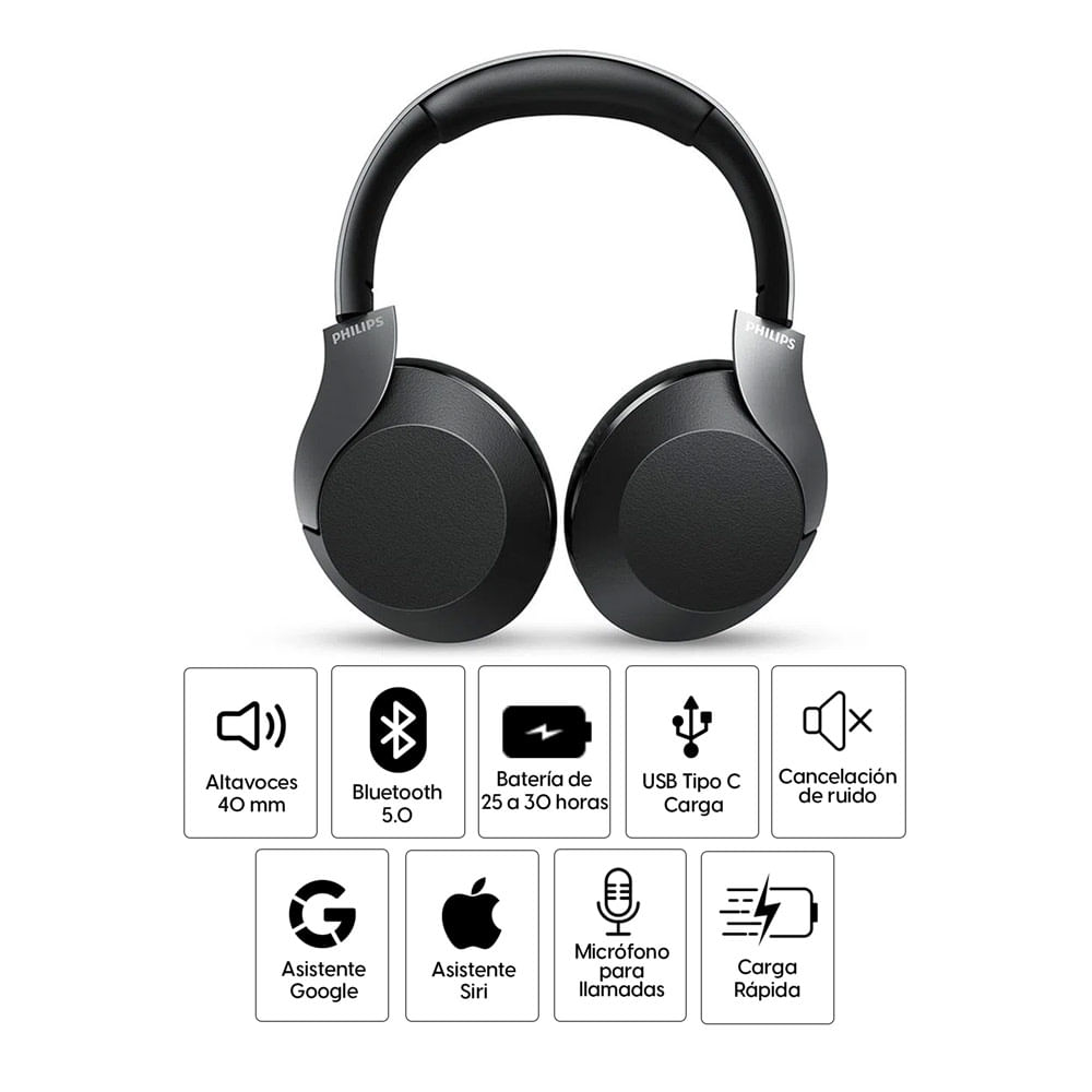 Imagen 2 del producto Audífonos con cancelación de ruido Philips PRO+ TAH8505BK micrófono incorporado, máx. 30 horas, negro