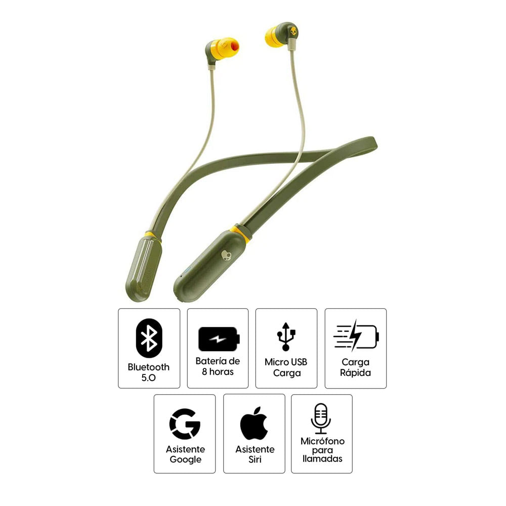 Imagen 2 del producto Audífonos bluetooth in ear Skullcandy Ink'd+ Moss micrófono incorporado, máx. 8 horas, control de volumen y llamadas, verde oliva y amarillo