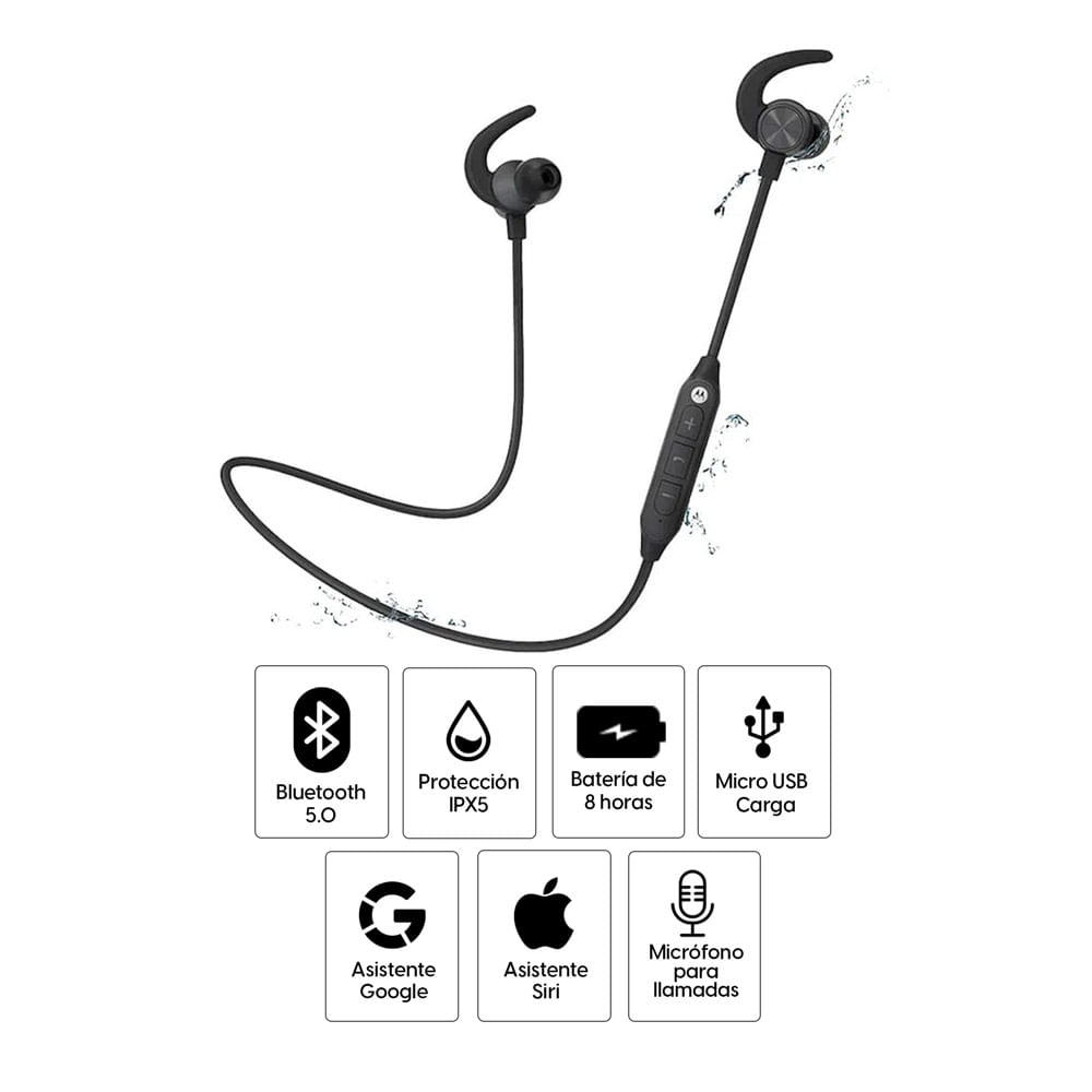 Imagen 2 del producto Audífonos bluetooth in ear Motorola Verve Loop 105 IPX5, micrófono incorporado, máx. 8 horas, control de volumen y llamadas, negro