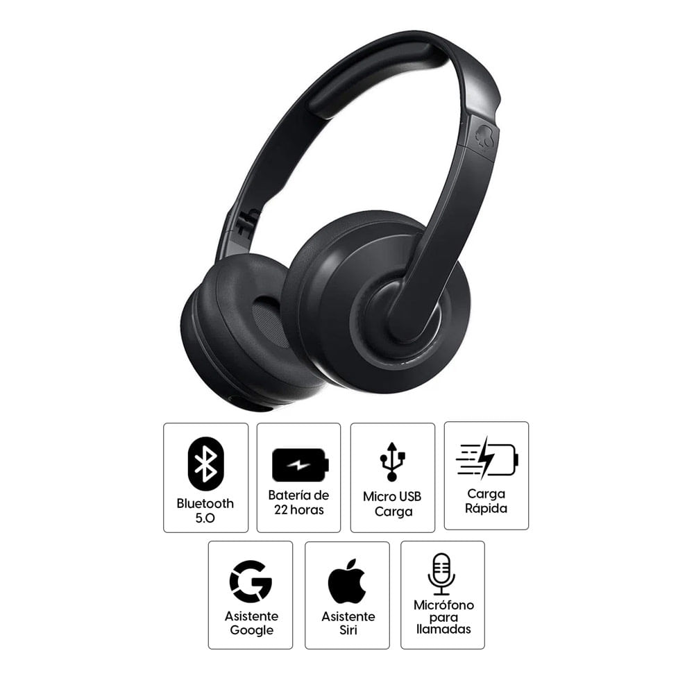 Imagen 2 del producto Audífonos bluetooth on ear Skullcandy Cassette con almohadillas acolchadas, máx. 22 horas, control de música y llamadas, negro
