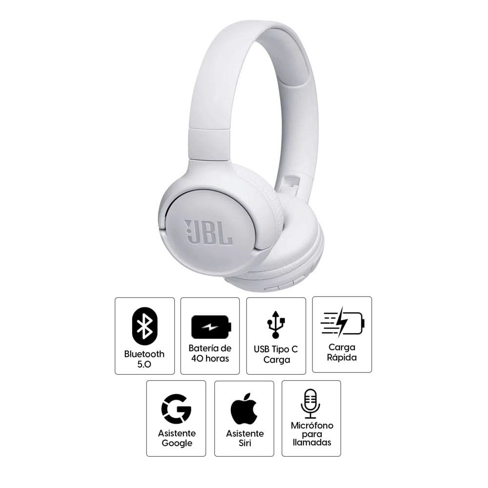 Imagen 2 del producto Audífonos bluetooth on ear JBL T510 Pure Bass máx. 40 horas, control de música y llamadas, blanco