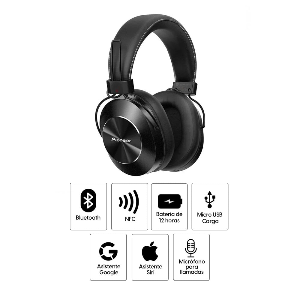 Imagen 2 del producto Audífonos bluetooth on ear Pioneer Power Bass NFC, micrófono incorporado, máx. 12 horas, control de música y llamadas, negro