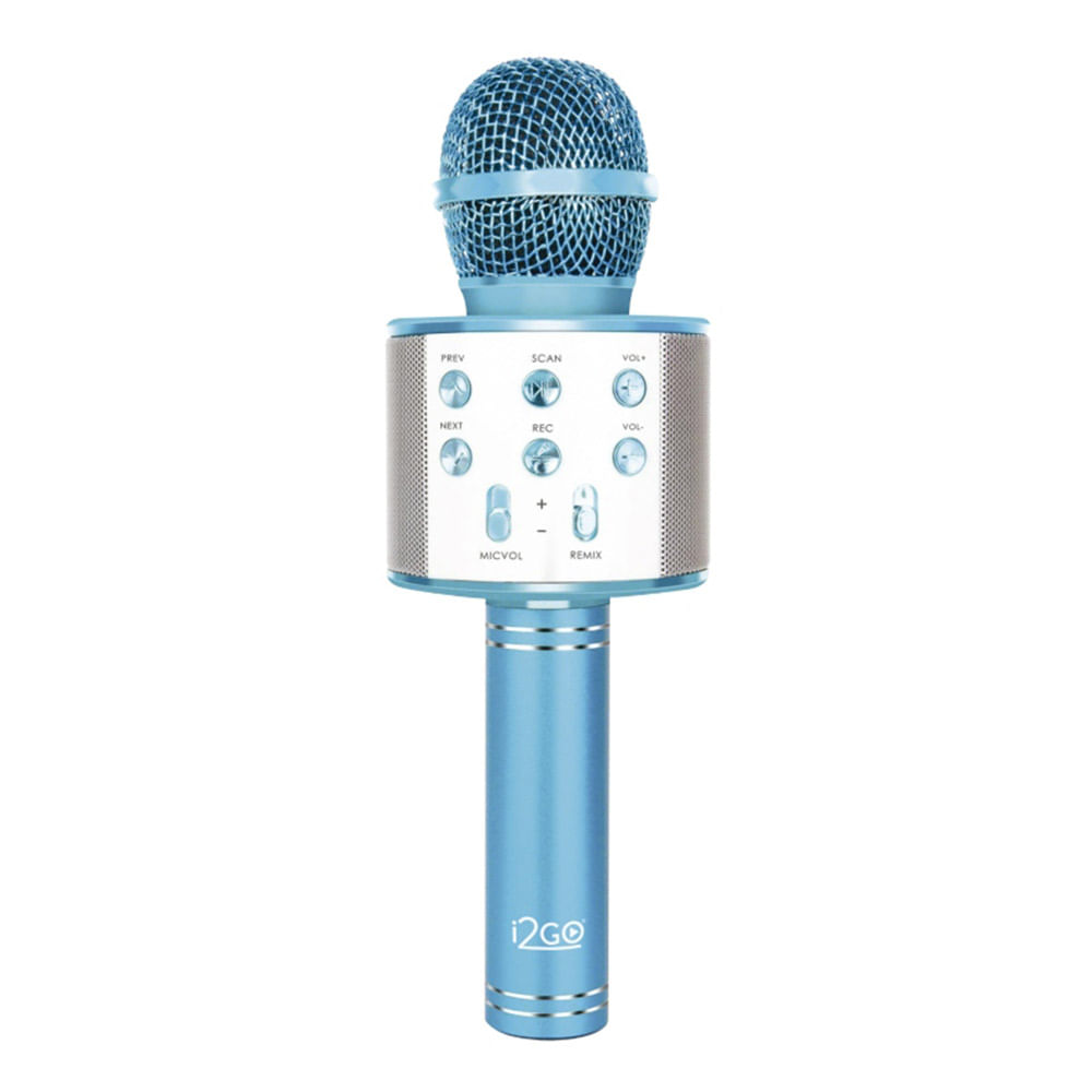 Micrófono inalámbrico i2GO bluetooth con parlante, soport memo, usb/aux/card TF/Radio FM, azul