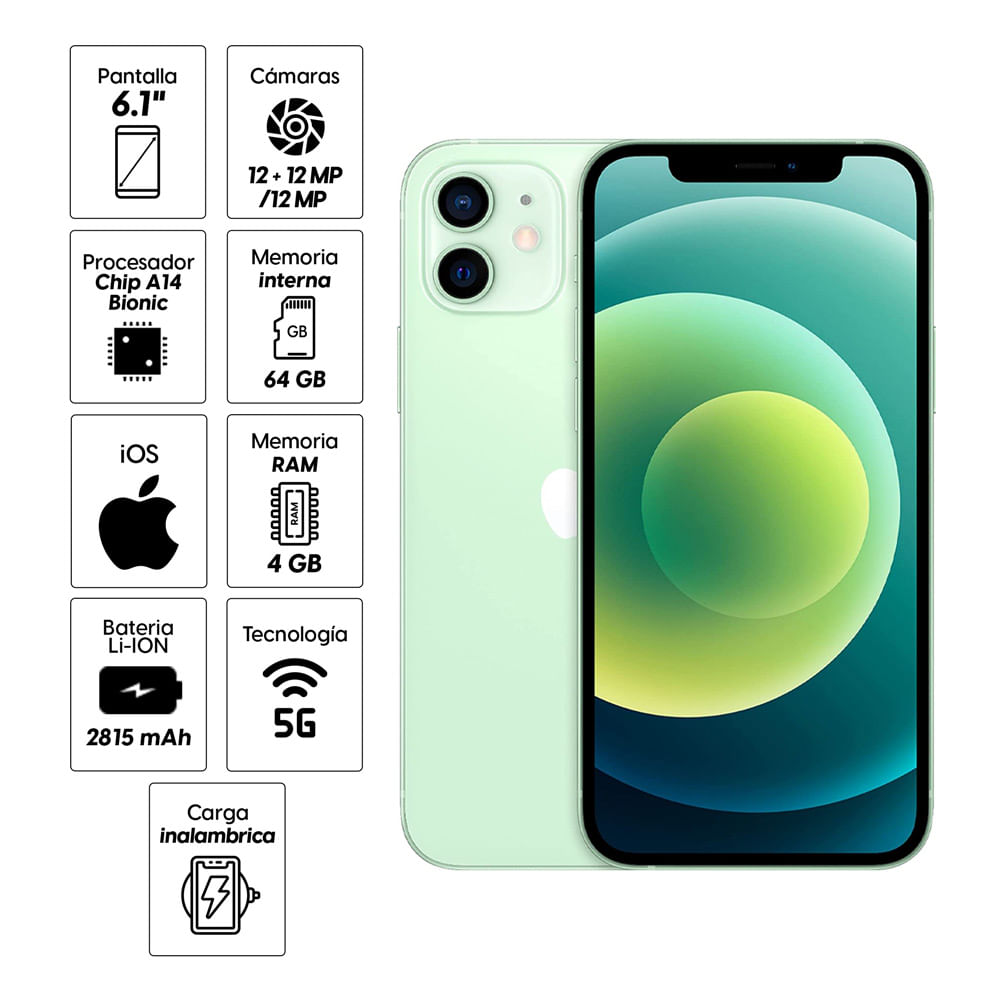 Imagen 2 del producto iPhone 12 64GB, 4GB RAM, cámara trasera 12MP y frontal 12MP, 6.1"", verde