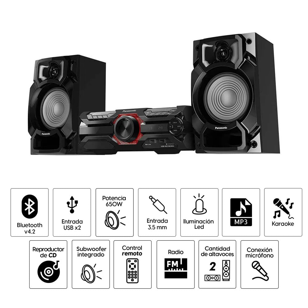 Imagen 2 del producto Minicomponente Panasonic AKX520PSK 650W, bluetooth, puerto 2x USB, 2x aux, lector de CD, woofer 20 cm, negro
