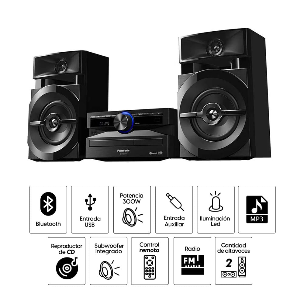 Imagen 2 del producto Minicomponente Panasonic AKX110PSK 300W, bluetooth, puerto USB, lector de CD, woofer 13 cm, negro