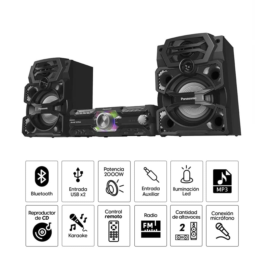 Imagen 2 del producto Minicomponente Panasonic AKX730 2000W RMS, bluetooth, 2 canales, doble puerto USB y aux, lector de CD, negro