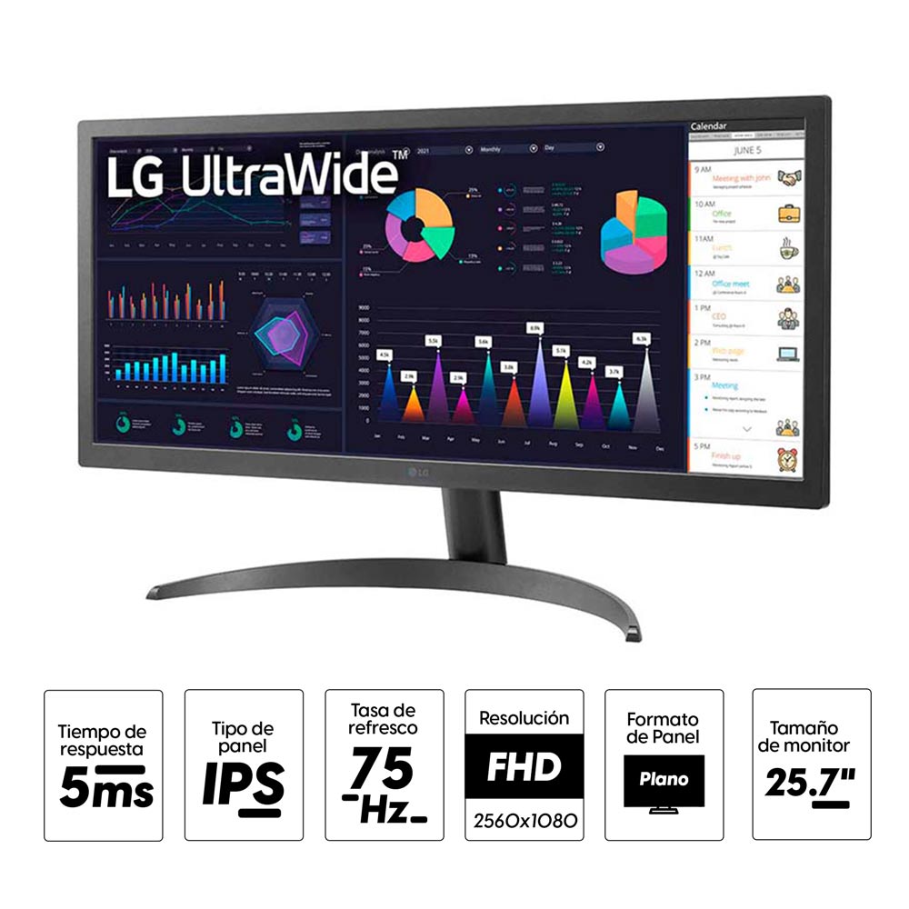 Imagen 2 del producto Monitor plano 25.7"" LG UltraWide 26WQ500-B Panel IPS, WFHD(2560x1080), 75Hz, 1ms, entrada HDMI