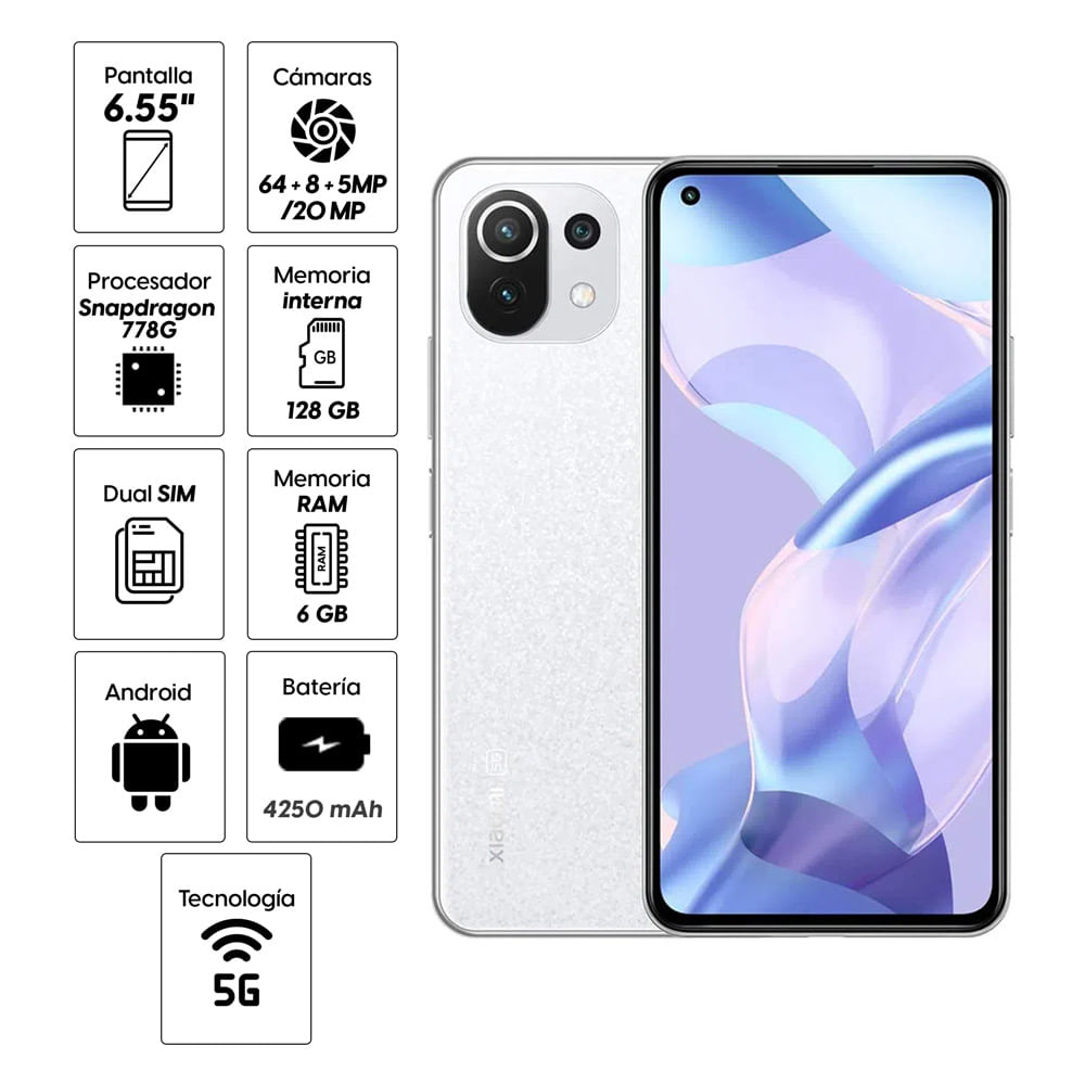 Imagen 2 del producto Celular Xiaomi 11 Lite 5G NE 128GB, 6GB RAM, cámara trasera 64MP y frontal 20MP, 6.55"", blanco
